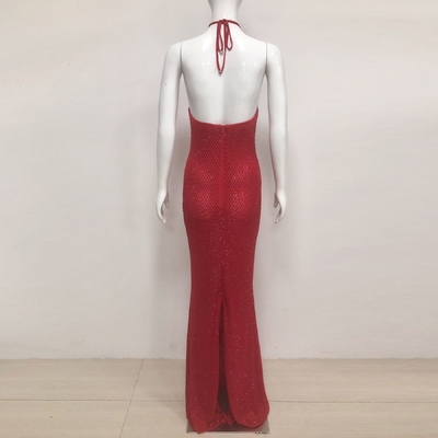 Kimshein SB3380 Red Mesh Beaded Halter Dress for Adults Luxurious Women's Party Slim Fit Floral Bodycon Dress Knee Length