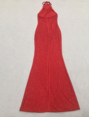Kimshein SB3380 Red Mesh Beaded Halter Dress for Adults Luxurious Women's Party Slim Fit Floral Bodycon Dress Knee Length