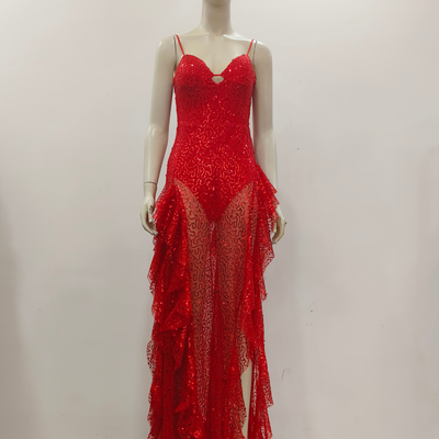 340g Fabric Weight Red Maxi Dress Built-in Bra Ruffled Edges High Slit Mesh and Sequin Details Perfect for Evening Events