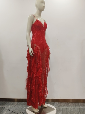 340g Fabric Weight Red Maxi Dress Built-in Bra Ruffled Edges High Slit Mesh and Sequin Details Perfect for Evening Events