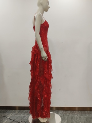 340g Fabric Weight Red Maxi Dress Built-in Bra Ruffled Edges High Slit Mesh and Sequin Details Perfect for Evening Events