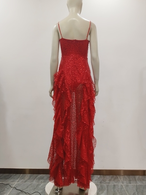 340g Fabric Weight Red Maxi Dress Built-in Bra Ruffled Edges High Slit Mesh and Sequin Details Perfect for Evening Events
