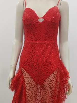 340g Fabric Weight Red Maxi Dress Built-in Bra Ruffled Edges High Slit Mesh and Sequin Details Perfect for Evening Events