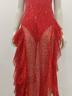 340g Fabric Weight Red Maxi Dress Built-in Bra Ruffled Edges High Slit Mesh and Sequin Details Perfect for Evening Events