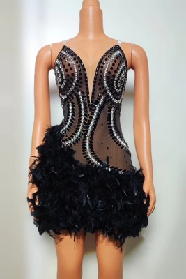 Kimshein Tight-Fitting AD2386 Sexy See-Through Mesh Mini Dress Evening Dress with Luxurious Feather Rhinestone and Party Dress Elements
