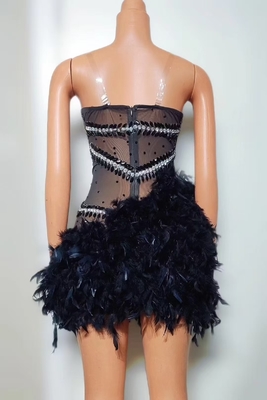 Kimshein Tight-Fitting AD2386 Sexy See-Through Mesh Mini Dress Evening Dress with Luxurious Feather Rhinestone and Party Dress Elements