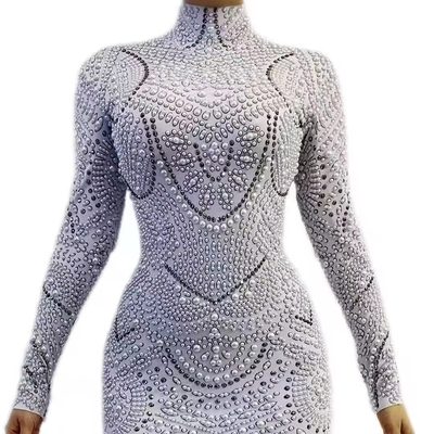 Kimshein AD2531 Women's Fashion Pearl Long Sleeve Club Party Cocktail Midi Dress and Shuttle Loom Needlework Proficiency