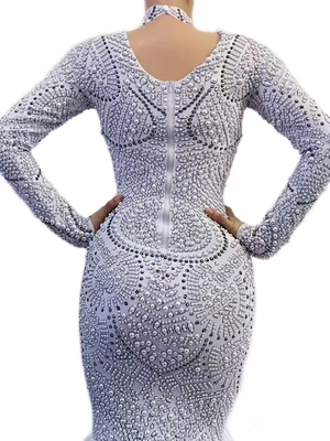 Kimshein AD2531 Women's Fashion Pearl Long Sleeve Club Party Cocktail Midi Dress and Shuttle Loom Needlework Proficiency
