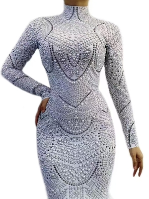 Kimshein AD2531 Women's Fashion Pearl Long Sleeve Club Party Cocktail Midi Dress and Shuttle Loom Needlework Proficiency