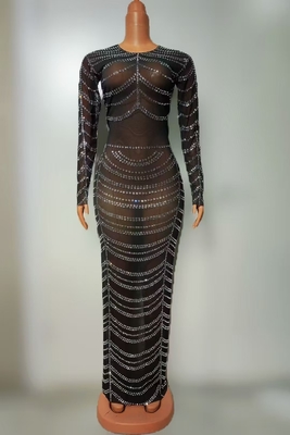 KIMSHEIN AD2516 Fashion Full Length Rhinestone Maxi Dress with Long Sleeve and Transparent Mesh Fabric Chinese Size