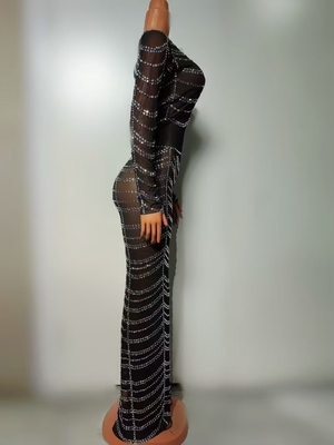 KIMSHEIN AD2516 Fashion Full Length Rhinestone Maxi Dress with Long Sleeve and Transparent Mesh Fabric Chinese Size