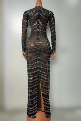 KIMSHEIN AD2516 Fashion Full Length Rhinestone Maxi Dress with Long Sleeve and Transparent Mesh Fabric Chinese Size