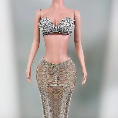AD2518 Luxurious Diamond Crystal 2-Piece Set Sexy Top and Long Skirt for Women's Party Performance