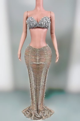 AD2518 Luxurious Diamond Crystal 2-Piece Set Sexy Top and Long Skirt for Women's Party Performance