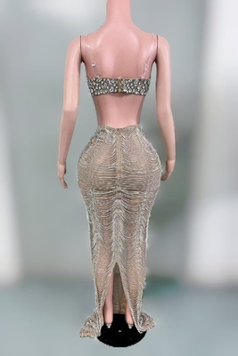 AD2518 Luxurious Diamond Crystal 2-Piece Set Sexy Top and Long Skirt for Women's Party Performance