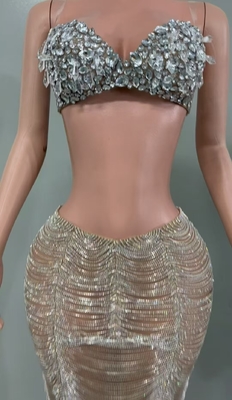 AD2518 Luxurious Diamond Crystal 2-Piece Set Sexy Top and Long Skirt for Women's Party Performance