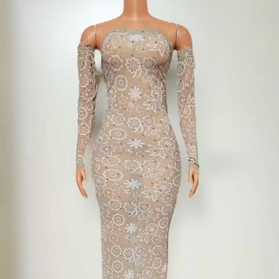 AD2521 Women's Bodycon Maxi Dress Natural Waistline None Print Method Elegant White Crystal Party Dress with Design