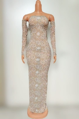 AD2521 Women's Bodycon Maxi Dress Natural Waistline None Print Method Elegant White Crystal Party Dress with Design