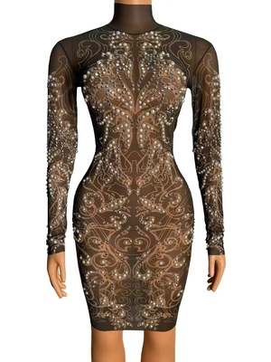 AD2533 Kimshein Mini Dress Long Sleeves and Beaded Embellishments Customizable Logo Position Dance Party Style