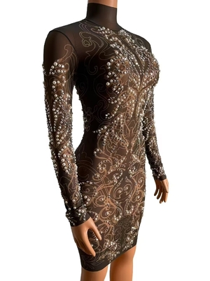 AD2533 Kimshein Mini Dress Long Sleeves and Beaded Embellishments Customizable Logo Position Dance Party Style