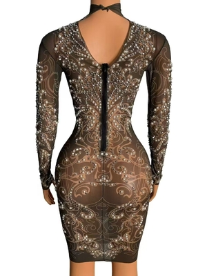 AD2533 Kimshein Mini Dress Long Sleeves and Beaded Embellishments Customizable Logo Position Dance Party Style