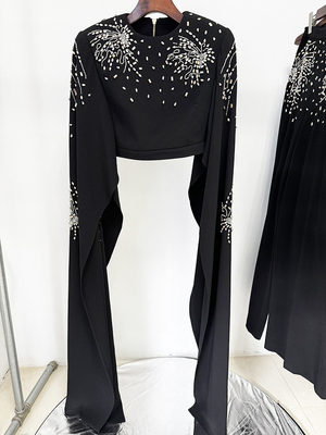 SR2355 Women's Crystal Dress with Two Pieces of Water Drill Short Top Lightweight Fabric 240g and Round Neck Design