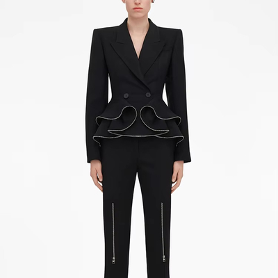 SR2356 Kimshein Women's Top Length Regular Sleeve Fashionable Sports Jacket and Long Pants with Pleated Edge Set