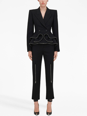 SR2356 Kimshein Women's Top Length Regular Sleeve Fashionable Sports Jacket and Long Pants with Pleated Edge Set