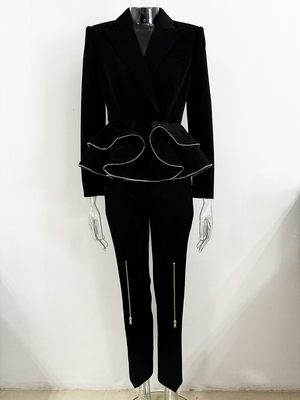 SR2356 Kimshein Women's Top Length Regular Sleeve Fashionable Sports Jacket and Long Pants with Pleated Edge Set