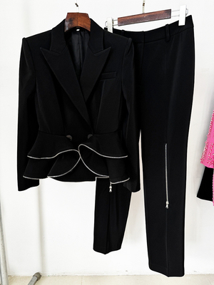 SR2356 Kimshein Women's Top Length Regular Sleeve Fashionable Sports Jacket and Long Pants with Pleated Edge Set