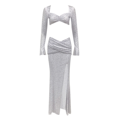 Kimshein 220g Fabric Weight Full Sleeve Shiny Beaded Long Sleeve High Slit Women's Dress Suit for SR2360 US Ballroom Dance