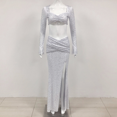 Kimshein 220g Fabric Weight Full Sleeve Shiny Beaded Long Sleeve High Slit Women's Dress Suit for SR2360 US Ballroom Dance