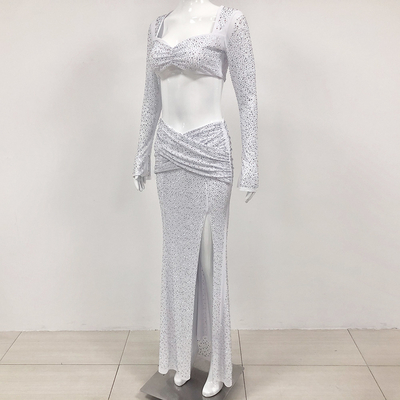 Kimshein 220g Fabric Weight Full Sleeve Shiny Beaded Long Sleeve High Slit Women's Dress Suit for SR2360 US Ballroom Dance