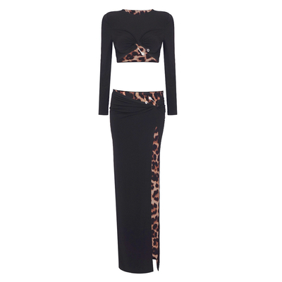 SR2361 Spring Women's Long Sleeve Tight Leopard Print Dress Two-Piece Set for Evening Party 's Top Fashionable Choice