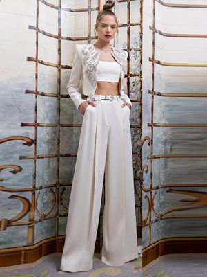 Formal Business Wear Long Pants and Two-Piece Set SR2358 White Luxury Crystal Shiny Pearl Elegant Suit with Full Sleeve