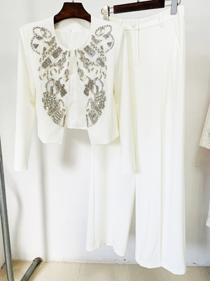 Formal Business Wear Long Pants and Two-Piece Set SR2358 White Luxury Crystal Shiny Pearl Elegant Suit with Full Sleeve