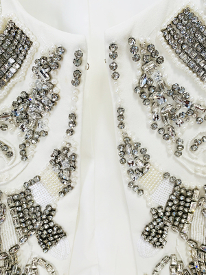 Formal Business Wear Long Pants and Two-Piece Set SR2358 White Luxury Crystal Shiny Pearl Elegant Suit with Full Sleeve