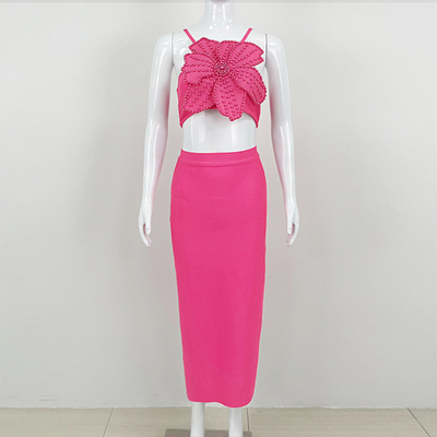 SS2323 Bandage Set for Women Sexy Pearl Short Top and Maxi Skirt Fashion Party Outfit Breathable Tight Pants Two-Piece