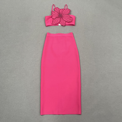 SS2323 Bandage Set for Women Sexy Pearl Short Top and Maxi Skirt Fashion Party Outfit Breathable Tight Pants Two-Piece