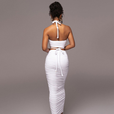 SS2328 White Summer Backless Sexy Top Mesh Two-Piece Set Mid-Length Skirt Tight Nightclub Party for Feminine's Night Out