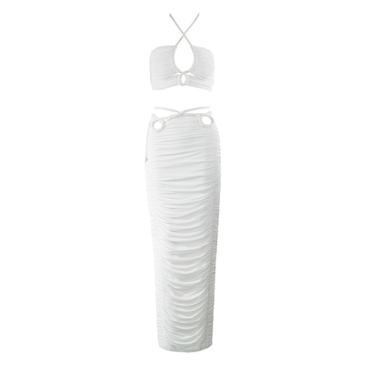 SS2328 White Summer Backless Sexy Top Mesh Two-Piece Set Mid-Length Skirt Tight Nightclub Party for Feminine's Night Out