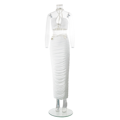 SS2328 White Summer Backless Sexy Top Mesh Two-Piece Set Mid-Length Skirt Tight Nightclub Party for Feminine's Night Out