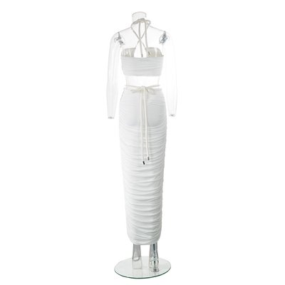 SS2328 White Summer Backless Sexy Top Mesh Two-Piece Set Mid-Length Skirt Tight Nightclub Party for Feminine's Night Out