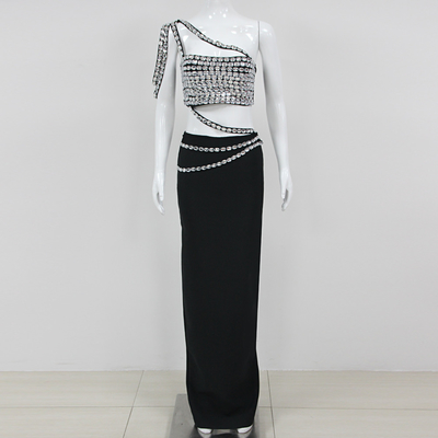 SS2338 Customized Metal Chain Mesh Black Bandage Bodycon Dress for Women's Nightclub in Guangdong Exquisite Craftsmanship