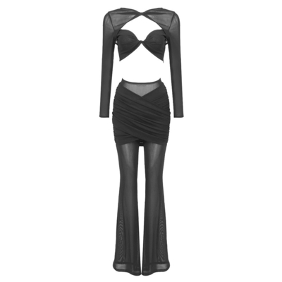 Weaving Method Shuttle Weaving Type Two-Piece Set SR2310 Mesh Two-Piece Summer Set for Women Hollow Out Long Sleeve Pants Set