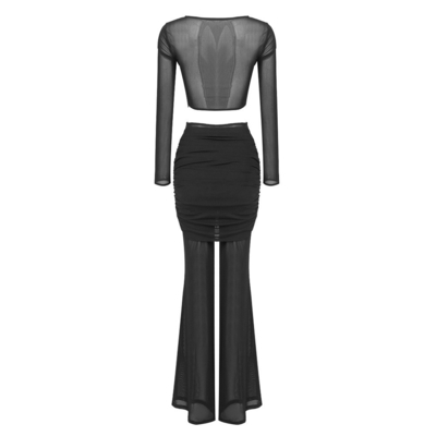 Weaving Method Shuttle Weaving Type Two-Piece Set SR2310 Mesh Two-Piece Summer Set for Women Hollow Out Long Sleeve Pants Set