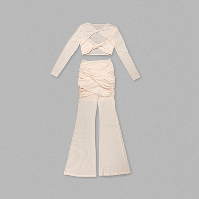 Weaving Method Shuttle Weaving Type Two-Piece Set SR2310 Mesh Two-Piece Summer Set for Women Hollow Out Long Sleeve Pants Set