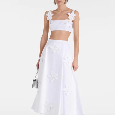 White Sexy Elegant Two-Piece Evening Dress Set with 3D Embroidery and Handmade Floral Long Skirt SS2331