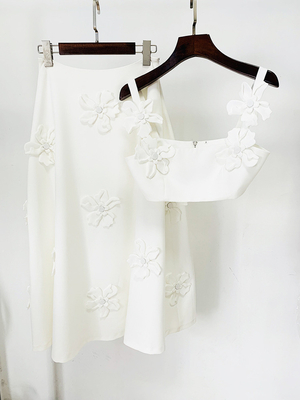 White Sexy Elegant Two-Piece Evening Dress Set with 3D Embroidery and Handmade Floral Long Skirt SS2331