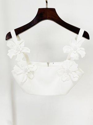 White Sexy Elegant Two-Piece Evening Dress Set with 3D Embroidery and Handmade Floral Long Skirt SS2331